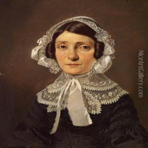 Portrait Of Mrs Eckegreen In A Black Dress With White Collar Andbonnet Oil Painting - David Monies