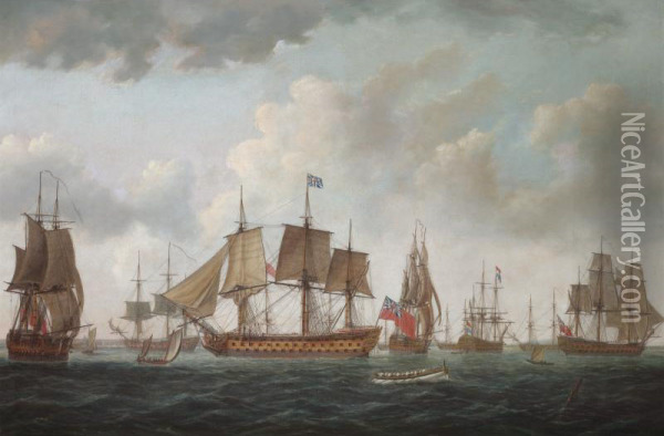 H.m.s. Queen Charlotte With The British Squadron And Allied Men-of-war At Spithead, Prior To Sailing To Ushant In 1794 Oil Painting - Adam Callander
