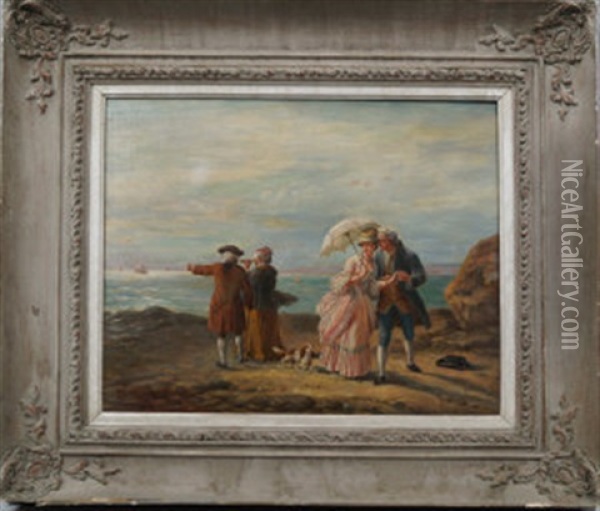 Elegant Figures And A Dog By The Shores Of The Sea Oil Painting - Antonio Garcia Y Mencia