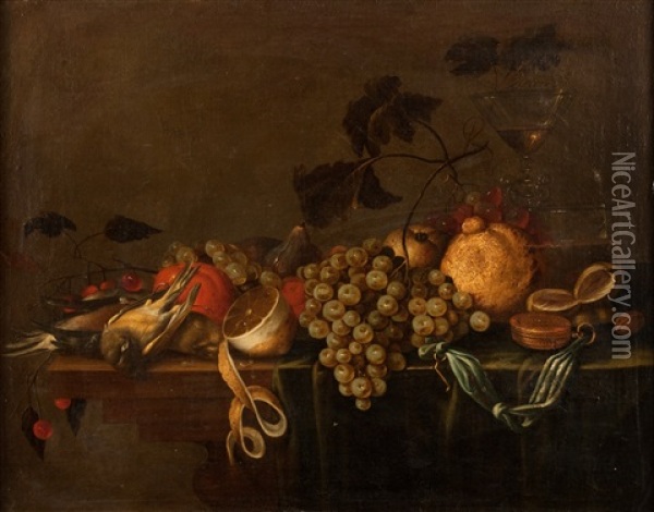 Nature Morte Aux Raisins, Citrons Et Oiseaux Oil Painting - Cornelis De Heem