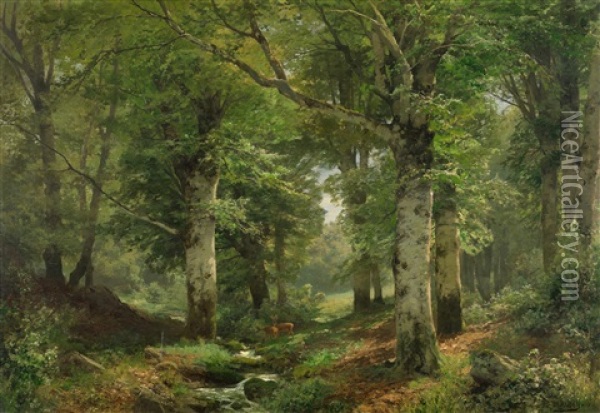 Waldlandschaft Mit Rehen Oil Painting - Heinrich Boehmer