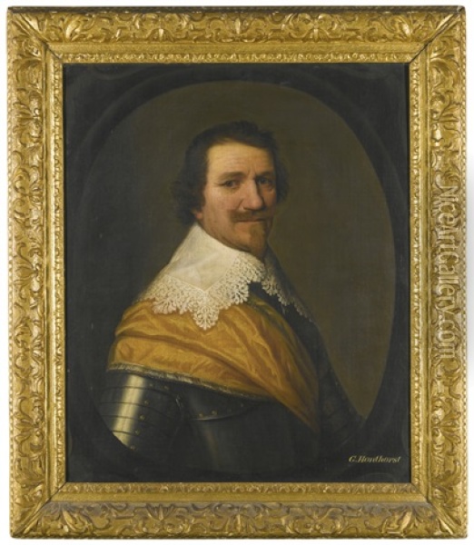 Portrait Of A Gentleman, Head And Shoulders, With A Gold Sash Around His Armour Oil Painting - Gerrit Van Honthorst