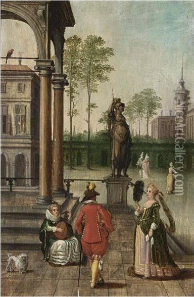 Cappriccio Of A Palace With Elegant Figures In A Garden Oil Painting - Louis de Caullery