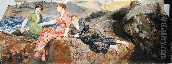 Girls on the Shore, c.1884-85 Oil Painting - Max Klinger