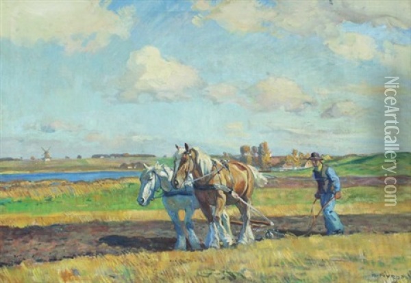 Panoramic Dutch Plowing Scene With Horses And Farmer, Windmills In The Distance Oil Painting - Borge Christoffer Nyrop