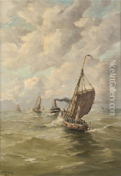 Voiliers Et Vapeur En Mer Du Nord Oil Painting - Henri Arden