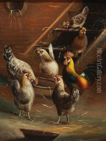 Stalinterieur Met Kippen En Eenhaan Bij Een Trap Oil Painting - Wilhelmus Albertus Lammers