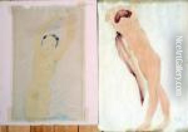 Two Female Nude Figural Sketches Oil Painting - Auguste Rodin