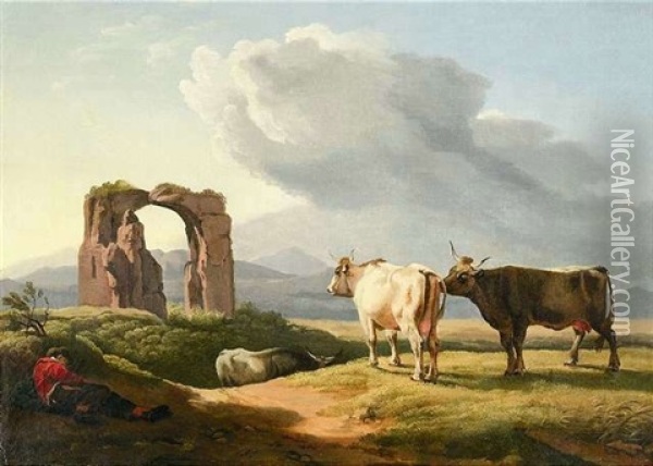 Romische Landschaft Mit Tempelruine Und Schlafendem Hirten Oil Painting - Johann Christian Klengel