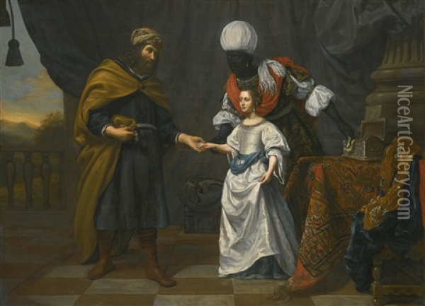 An Old Testament Scene, Possibly Eliezer Offering Jewels To Rebecca Oil Painting - Gysbrecht Van Der Kuyl