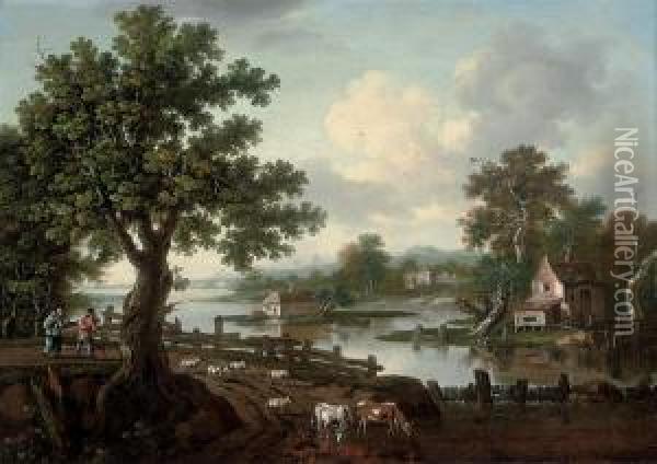 An Extensive Wooded River Landscape With Drovers And Their Animals On A Track, Cottages Beyond Oil Painting - William Tomkins