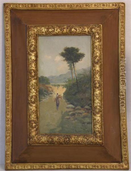 Continental Landscape With A Figure On A Country Lane Oil Painting - Francois Edme Ricois