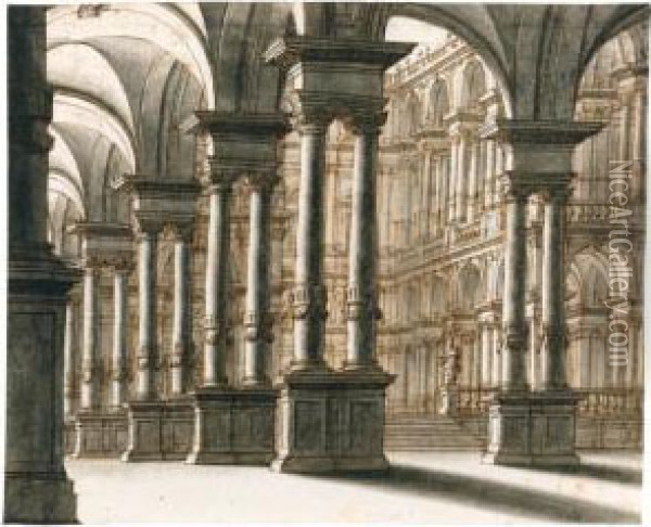 Architectural Fantasy Of A Palace Courtyard Oil Painting - Ferdinando Galli Bibiena