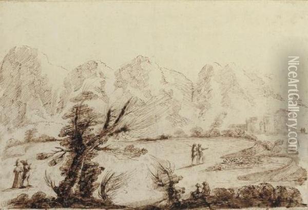 An Extensive Landscape With Figures Promenading By A River, A Village Seen Beyond Oil Painting - Guercino