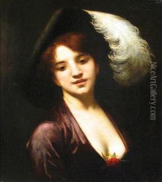 A Portrait Of A Woman With A Feather In Her Hat Oil Painting - Victor Tortez