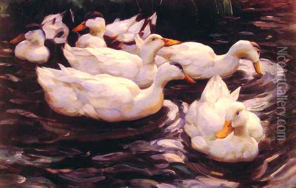 Six Ducks in the Pond Oil Painting - Alexander Max Koester