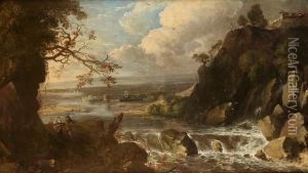 An Extensive River Landscape With Peasants On A Track, A View To A Waterfall And A Village Beyond Oil Painting - Gerard Van Edema