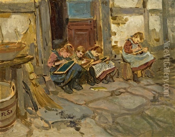 Kinder Bei Schularbeiten Oil Painting - Robert Hermann Sterl