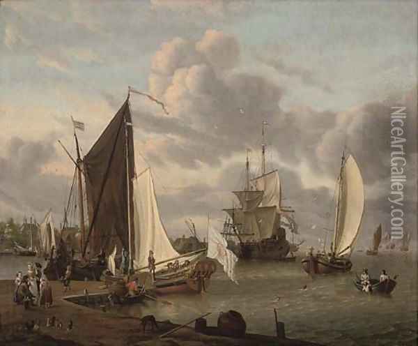 A port with smalschips and a man-o'-war, with fisherfolk and elegant company Oil Painting - Abraham Storck