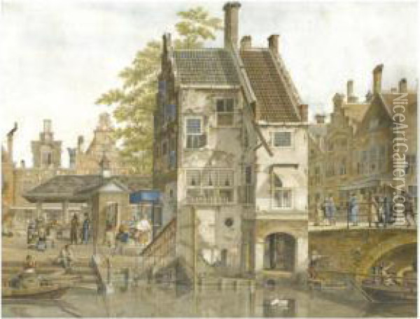 A Town Square With A Fish Market Oil Painting - Johannes Huibert Prins