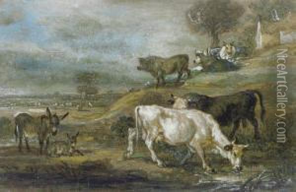 Cattle And A Pair Of Donkeys Grazing In An Extensivelandscape Oil Painting - James Ward