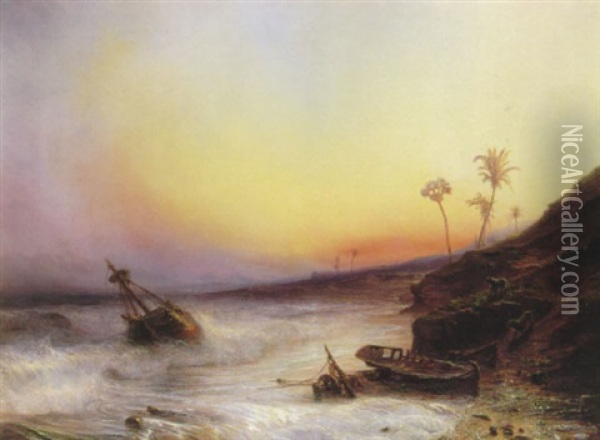 A Tropical Coastal Landscape With A Wrecked Sailing-vessel  In The Breakers, At Sunset Oil Painting - Baron Jean Antoine Theodore Gudin