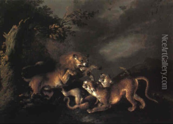 Lion Attacking, Two Leopards Oil Painting - Carl Borromaus Andreas Ruthart
