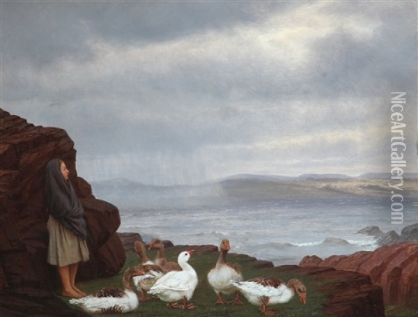 Coastal Scene With A Girl And Geese Oil Painting - Wilhelm Pacht