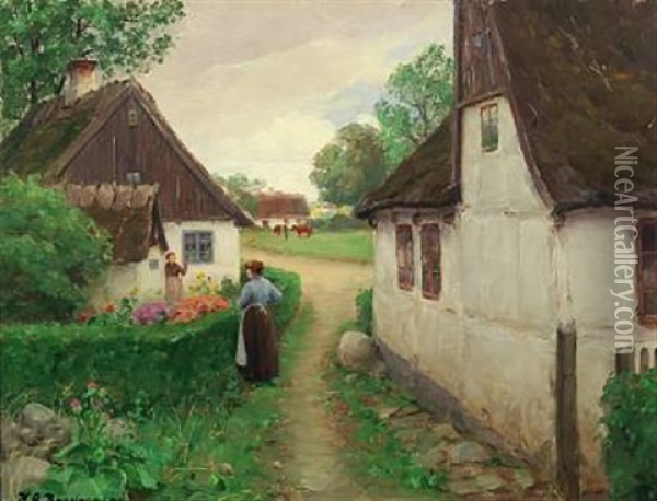 Village Scenery With Conversation Over The Hedge On A Nice Summer Day Oil Painting - Hans Andersen Brendekilde