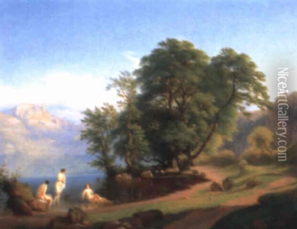 Sudliche Landschaft Mit Badenden Am Ufer Eines Sees Oil Painting - Johann Jakob Frey