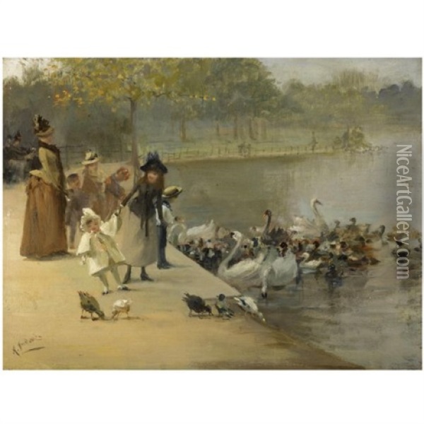 Feeding The Birds, Hyde Park Oil Painting - Albert Ludovici Jr.