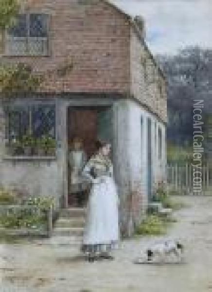 Woman And Dog Before A Cottage Oil Painting - George Goodwin Kilburne