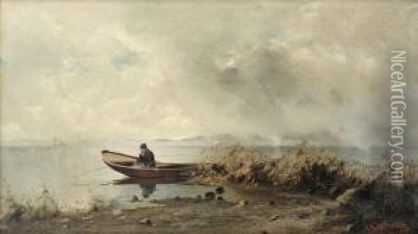 Fiskande Man I Eka Oil Painting - Arvid Mauritz Lindstrom