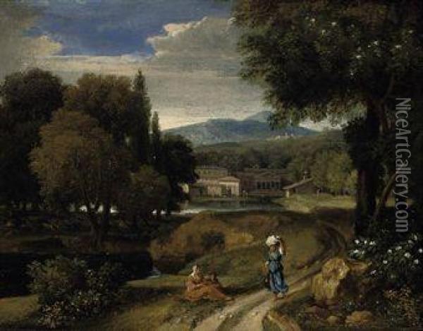 A Wooded River Landscape With Figures On A Track, Classicalbuildings Beyond Oil Painting - Jan Frans Van Bloemen (Orizzonte)