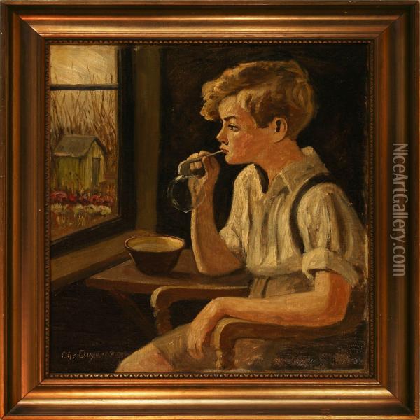 A Boy Blows Soapbubbles Oil Painting - Christian Aigens