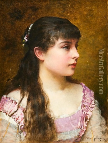 Portratt Av Flicka I Cerise Sidenklanning Oil Painting - Hugo Salmson