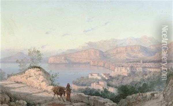 On The Coastal Road, Above Sorrento (+ Herding Cattle At The Temple Of Paestum; Pair) Oil Painting - Girolamo Gianni
