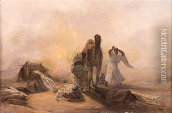 Etude Pour Tribu Arabe Surprise Par Le Simoun (study) Oil Painting - Francois Auguste Biard