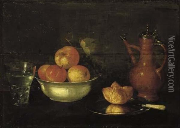 Apples And Grapes In A Porcelain Bowl, A Bread Roll On A Pewter Plate, A Glass Of Water And A Jug On A Wooden Ledge. Oil Painting - Cornelis Jacobsz Delff