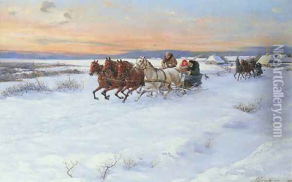Sledge Ride Oil Painting - Alfred Wierusz-Kowalski