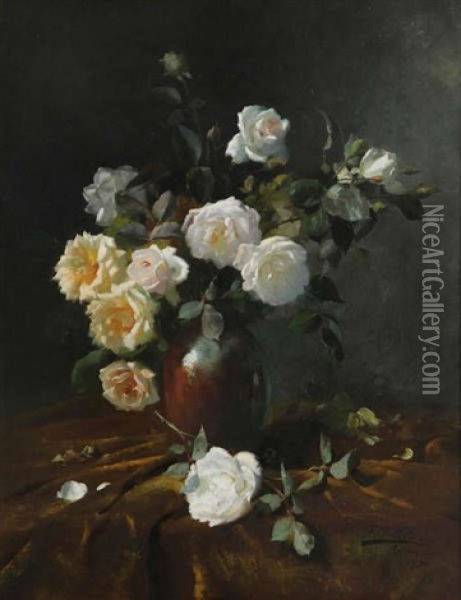 Nature Morte Avec Vase De Roses Blanches Oil Painting - Frans Mortelmans