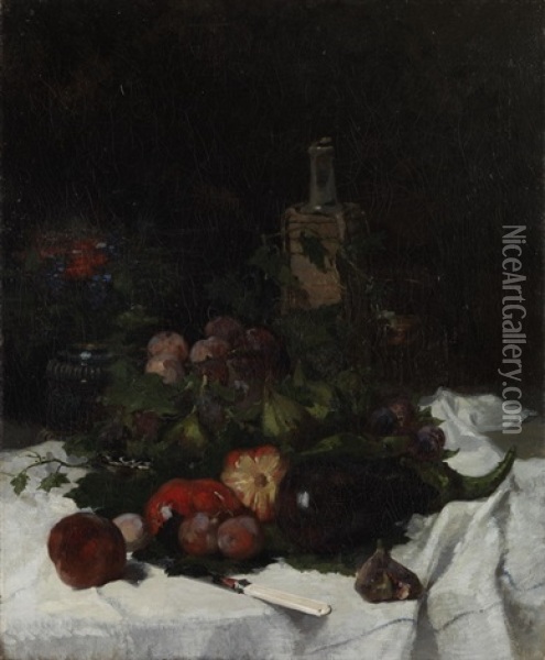 Stillleben Mit Fruchten, Weinflasche Und Blumen In Einer Vase Oil Painting - Otto Franz Scholderer