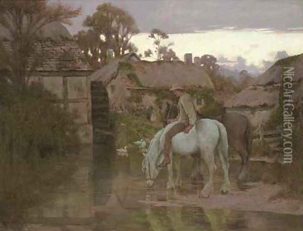 Watering at the old mill pond Oil Painting - Major Godfrey Douglas Giles