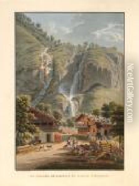 Les Cascades De Dorfbach Et Alpbach A Meyringen Oil Painting - Gabriel I Lory