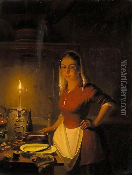 Parlour Maid By Candlelight Oil Painting - Pieter Gerardus Sjamaar