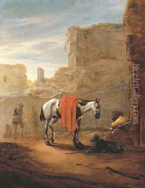 A horse and traveller resting on a road with ruins beyond Oil Painting - Pieter Cornelisz. Verbeeck
