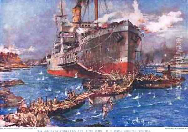 The Landing of troops from the River Clyde at V Beach Galipolli Peninsula Oil Painting - Charles Edward Dixon