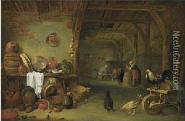 A Barn Interior With A Still 
Life Of Fish On A Plate, A Cabbage,earthenware And Copper Pots And Pans 
And Other Kitchen Utensils,together With A Boar And Three Chickens, A 
Group Of Peasants In Thebackground Oil Painting - Pieter de Bloot