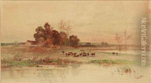 Pastoral Landscape With Cows Oil Painting - Carl Weber