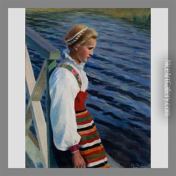 Girl In Folk Costume Oil Painting - Hanna Suomalainen